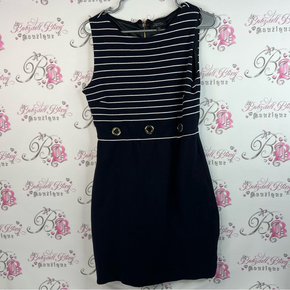 Tahari dress striped metal grommets nautical Navy and White Striped Mini Dress